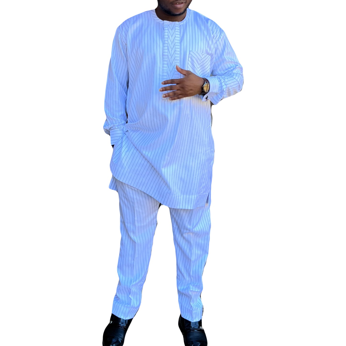 African Men's Formal White strped Clothes, Two Piece Suit Traditional Long Sleeve Nigerian Senator's Outfits