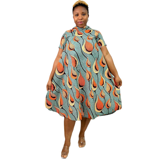 African Reversible Flare dress with elegant V-neck tie and Hi-neck + side inner pocket