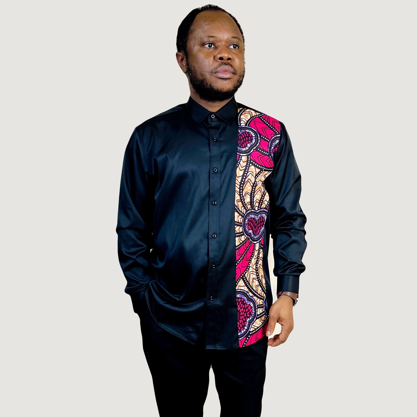 African Ankara Men's Black Shirt #006