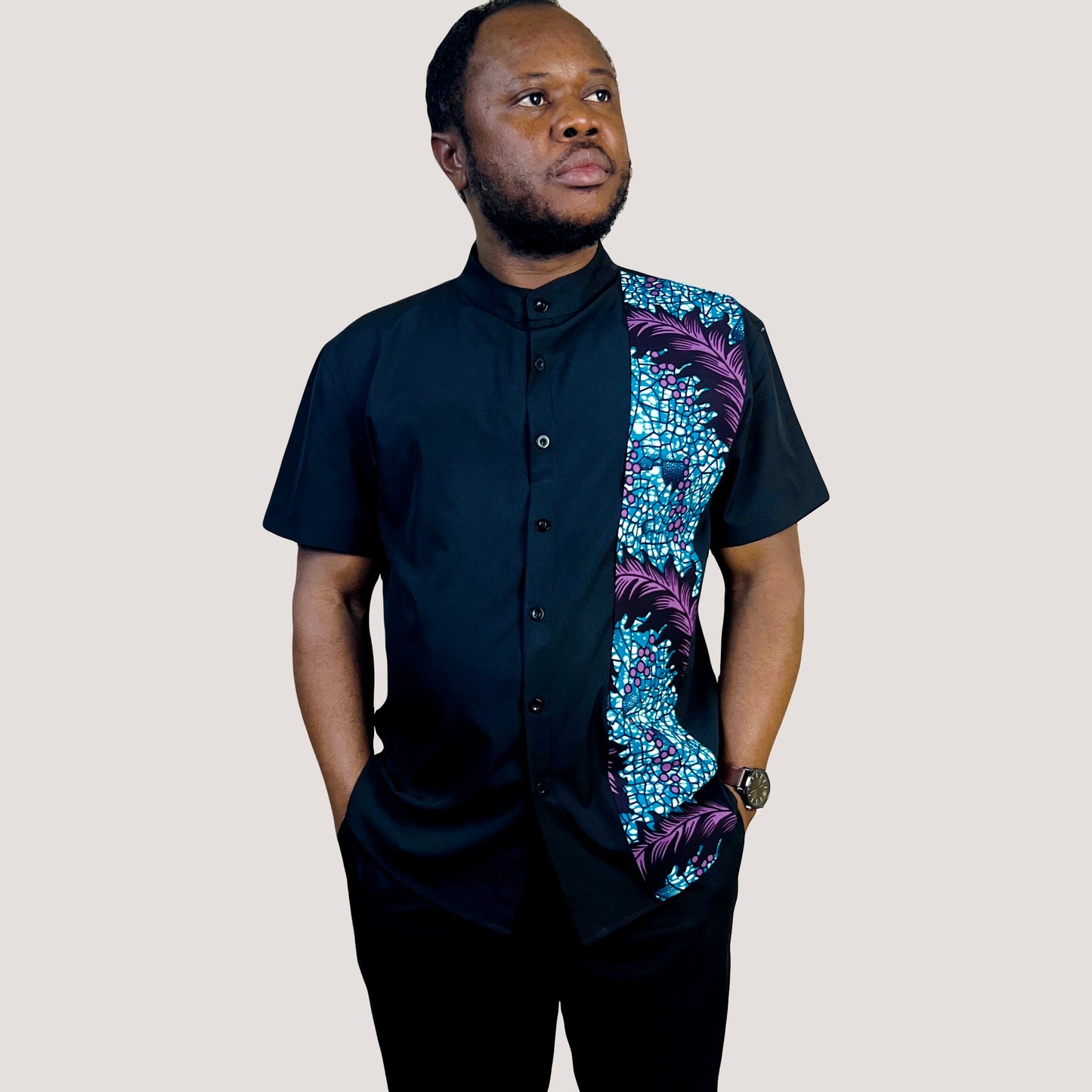 African Ankara Men's Black Shirt #005