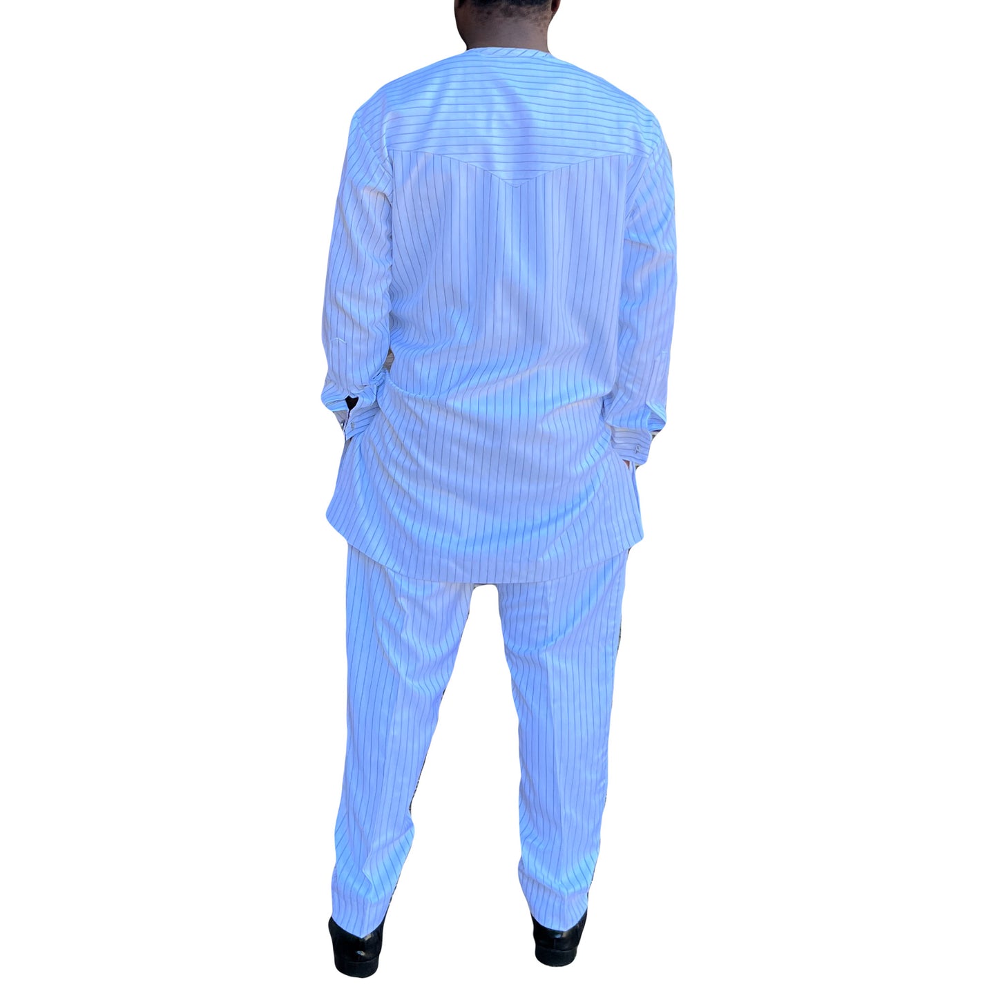 African Men's Formal White strped Clothes, Two Piece Suit Traditional Long Sleeve Nigerian Senator's Outfits