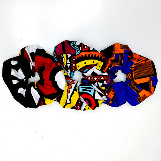 3 assorted African ankara print hair scrunchies for girls and women.