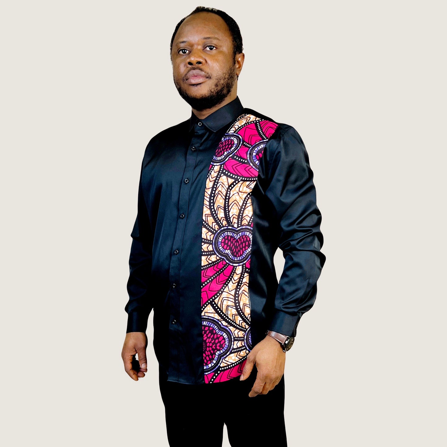 African Ankara Men's Black Shirt #006