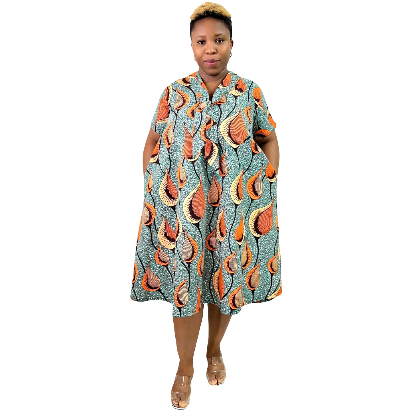 African Reversible Flare dress with elegant V-neck tie and Hi-neck + side inner pocket